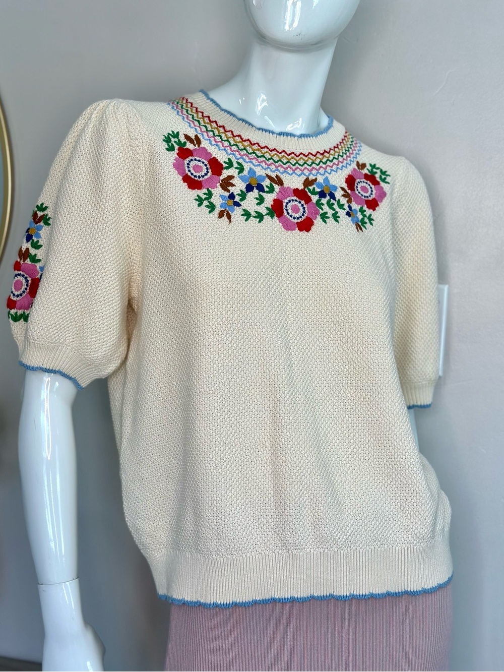 Boden Cream Knit Top with Multicolor Embroidered Yoke Sz M